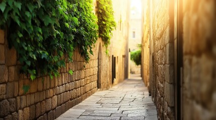 Obraz premium a narrow alleyway in an ancient city, with old stone buildings, ivy-covered walls, and a glimpse of the modern cityscape in the background, showcasing the layers of history in urban environments