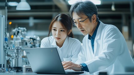 Middle Aged Engineer and Young Japanese Technician Having a Conversation and Using Laptop Computer Specialists Monitoring Analyzing Software Reports at a Modern Electronics Factory : Generative AI