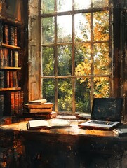 Obraz premium Academic Desk with Books and Notebook in a Quaint English Major Setting. AI generated illustration.