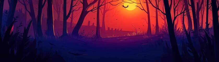 Sinister phantasms filling the woods at nightfall, flat design, side view, haunted ground theme, animation, vivid colors