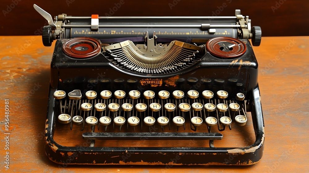 Wall mural Old fashioned typewriter with worn keys on a wooden table.