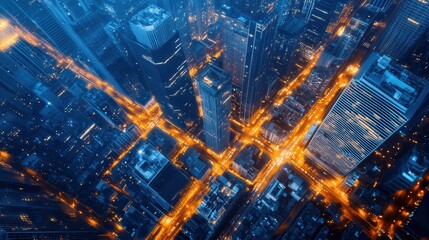 a night-time aerial shot of a cityscape with glowing lights outlining the streets and buildings, a dazzling display of urban energy