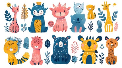 Hand-drawn illustration set, whimsical characters, 