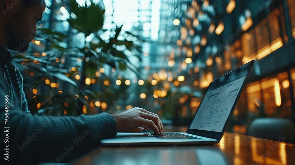 Poster A man is seated at a desk using a laptop computer in a building The desk is a piece of furniture with a shelf for office equipment : Generative AI