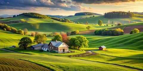 Obraz premium Tranquil countryside scene featuring rolling hills, verdant fields, and a charming farmhouse nestled in the serene rural landscape