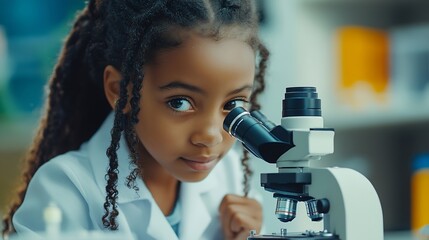 Africanamerican schoolgirl pupil student using working with microscope at biology chemistry lesson class at school lab Science lesson concept : Generative AI