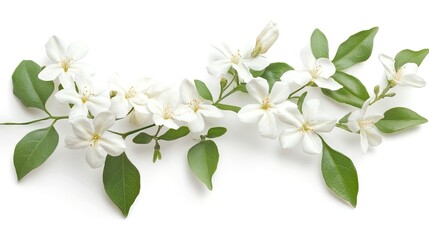 Fototapeta premium A delicate branch of white flowers with green leaves, isolated on a white background. The flowers are in full bloom and the leaves are lush and green.