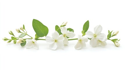 Fototapeta premium A sprig of white flowers with green leaves on a white background.