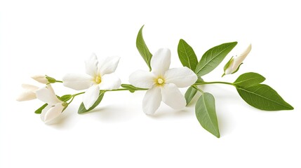 Obraz premium White jasmine flowers with green leaves on a white background.