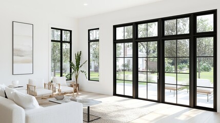 A bright living room with many windows and a cozy couch