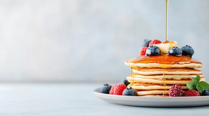 a plate of fluffy pancakes topped with a generous pour of maple syrup and a pat of melting butter, with a side of fresh berries for a breakfast-inspired dessert