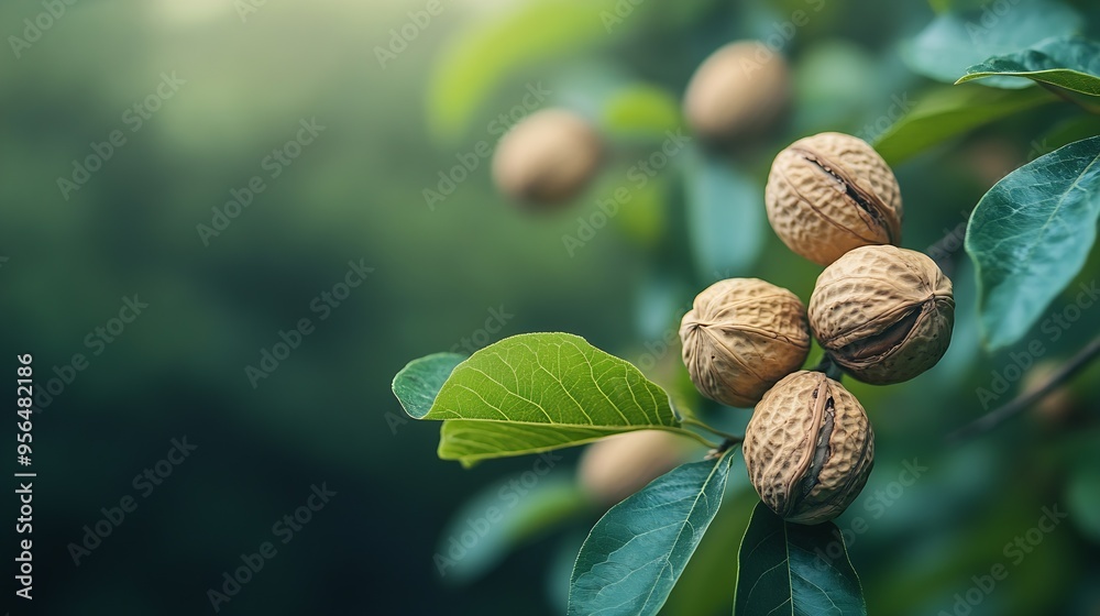 Poster Walnut tree with big nuts in green shell close up harvesting time : Generative AI