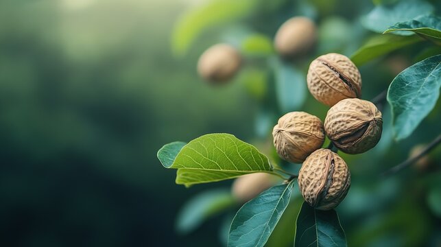 Walnut tree with big nuts in green shell close up harvesting time : Generative AI