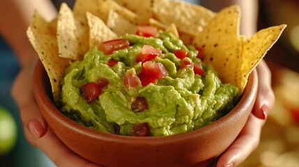 Closeup of woman hand holding guacamole and chips or nachos Top view : Generative AI