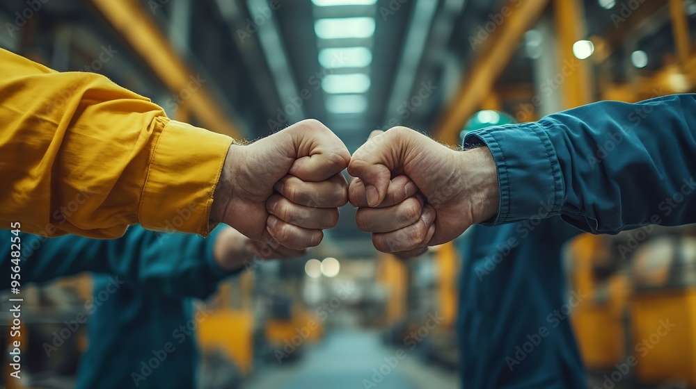 Fototapete group of industrial factory workers bumping fists togethershowing gesture for teamwork or unity : ge