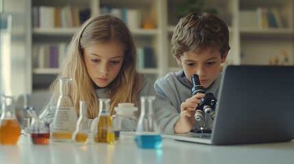 Students learning in science classroom Focused young students experiment with chemicals using flasks and test tubes with microscope and laptop on clean white desk in classroom : Generative AI