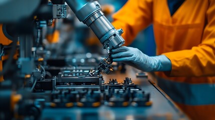 Engineer working machine assembly in advance technology robotic factory industry Service maintenance robot arm cable part : Generative AI
