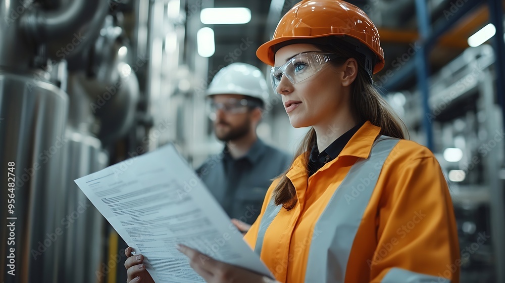 Poster Female engineer reading technical documentation with project manager in modern industrial factory talking about new production project investment Team management in manufacturing facil : Generative AI