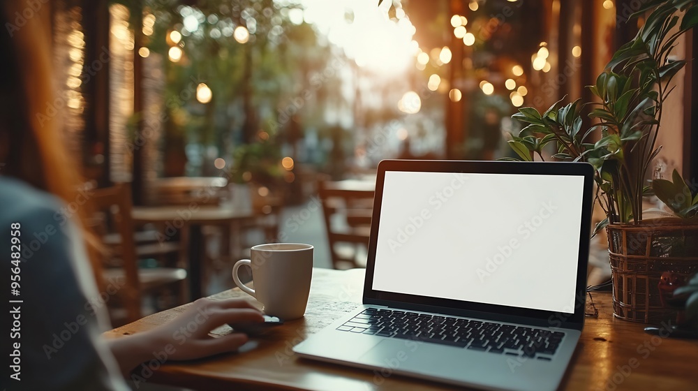 Poster Mockup image of a woman working on laptop computer with blank white desktop screen while drinking coffee in cafe : Generative AI