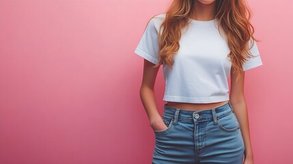White tshirt template crop top on a girl in jeans isolated on background side view Free cut tshirt mockup empty clothes oversized Fashion shirt for design print brand advertising : Generative AI