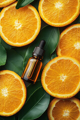 From above bright citrus-themed image showcasing a dropper bottle of essential oil among fresh orange slices and a green leaf, symbolizing natural skincare 