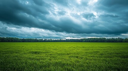 A green field under a cloudy sky, dramatic and expansive