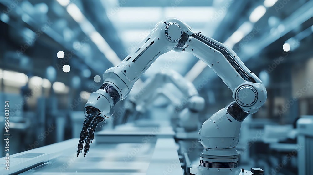 Poster Industry 40 Engineer use monitoring system software and record data of ai robotics automatic arms machine working on network in intelligent factory Ai Machine learning Digital manufact : Generative AI