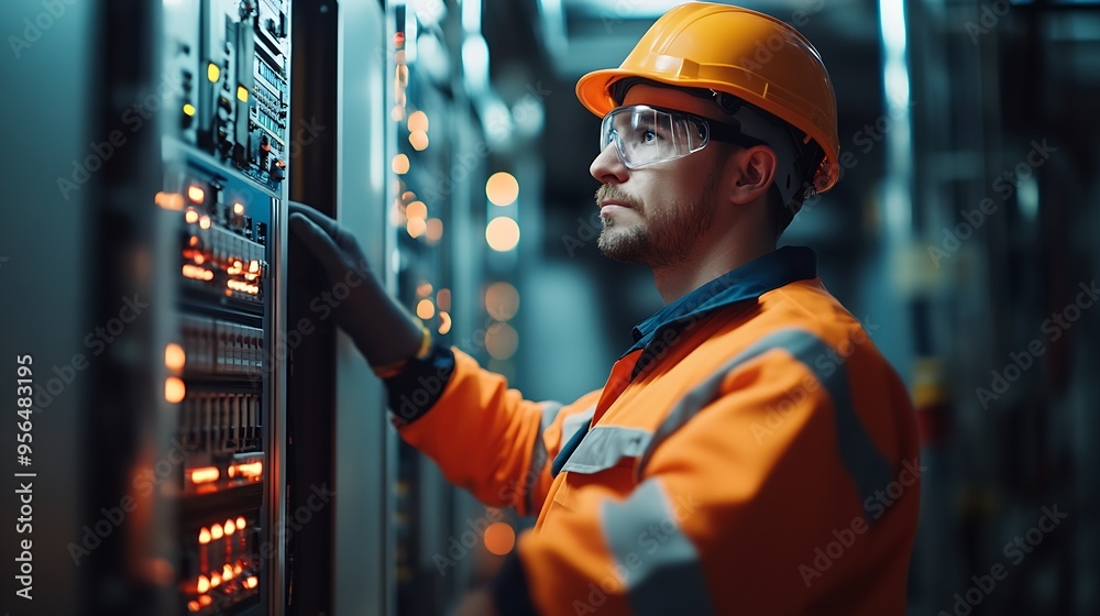 Poster professional electrical engineer in safety uniform working at factory server electric control panel 