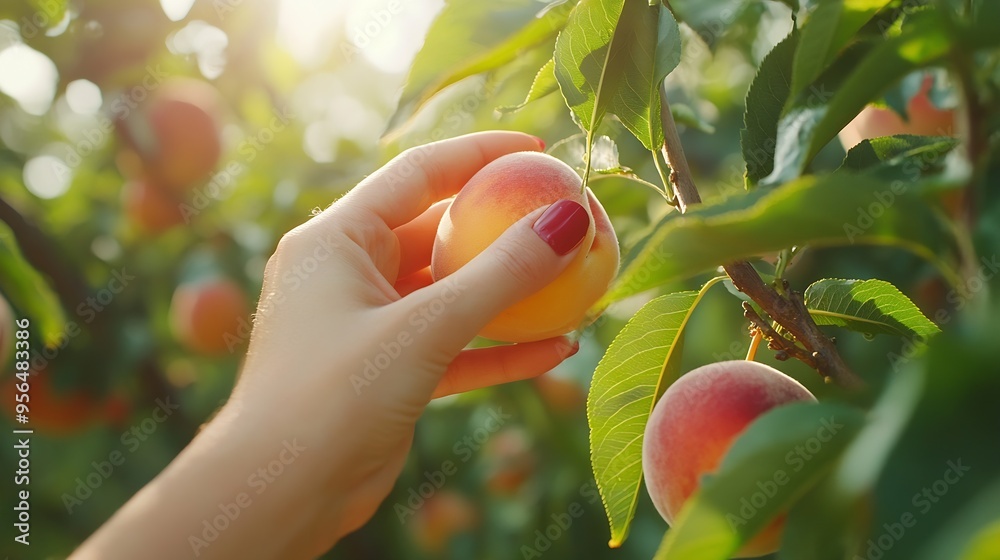 Aufkleber harvesting peaches female hand touching fresh ripe peach on branch of peach tree in orchard : genera