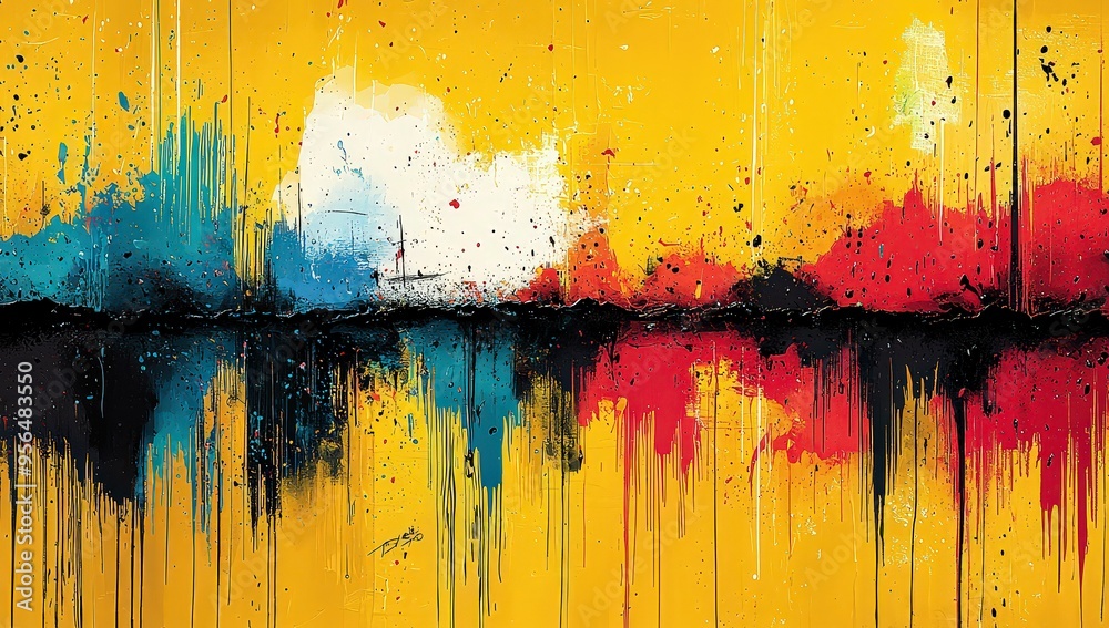 Wall mural the dynamic composition, with bold colors in a palette of yellow, black, blue, red, and green, paint