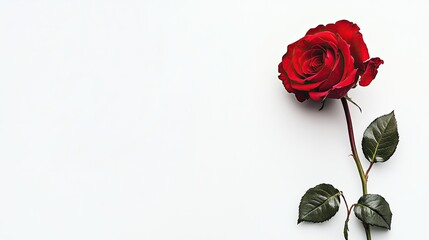 Fototapeta premium Single red rose with green leaves on white background.