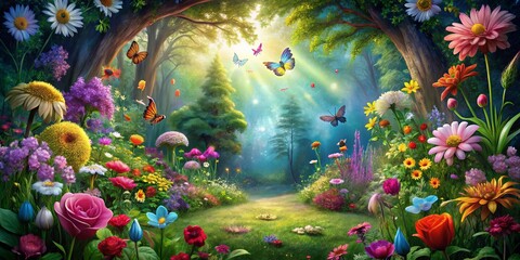 Vibrant and whimsical enchanted garden with colorful flowers and mystical creatures