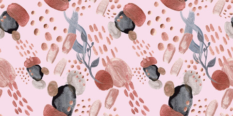 Seamless abstract pattern with gouache painted geometric shapes ovals and dots for textile