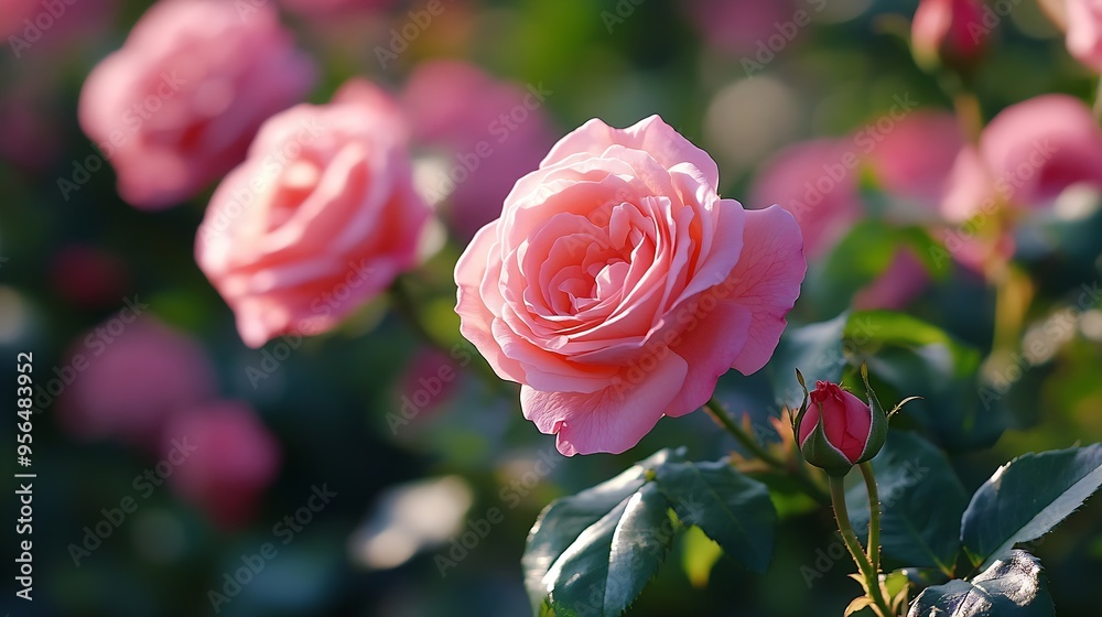 Poster it is close up view of rose bush there are the roses in shadow park it is garden in sunny midday it 