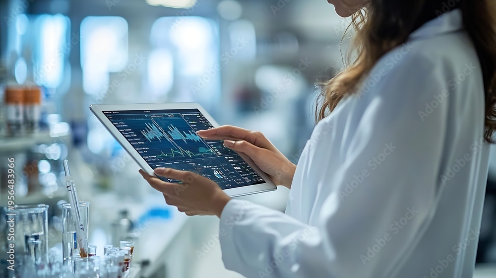 Poster female chemist tapping on digital tablet displaying scientific experiment data and charts on a virtu