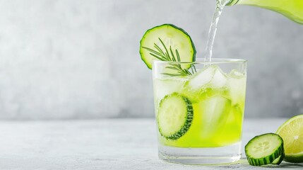a refreshing cucumber and lime cooler being poured into a glass with ice, with fresh cucumber slices and a sprig of rosemary for garnish