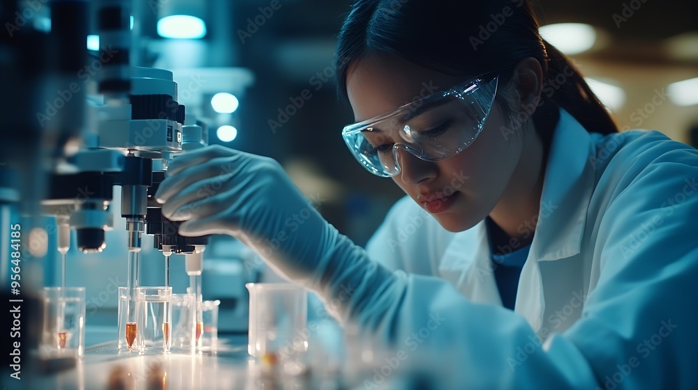Poster modern medical research laboratory female scientist working with micro pipettes analyzing biochemica