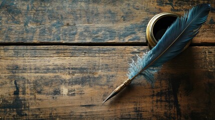 A single quill pen with an elegant feather tip, lying on a rustic wooden desk beside an inkwell