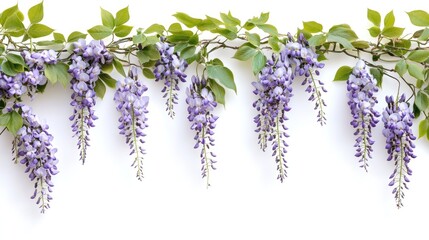 Delicate purple wisteria flowers cascade down from a vine, creating a beautiful and elegant floral border.