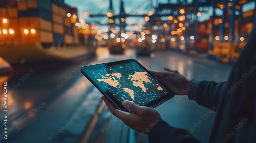 Poster Businessman touching tablet for analyze stock at logistics port and world map with Delivery network distribution on background transportation trading business concept : Generative AI