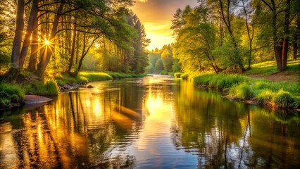 Tranquil forest river at sunset with golden light reflecting on the water