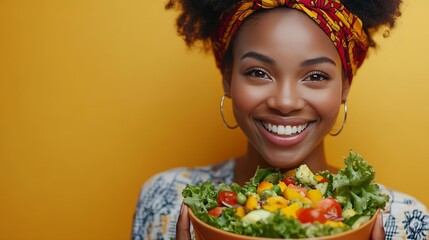 Salad healthy food and portrait of a black woman in studio eating vegetables for nutrition or vegan diet Happy African female with a smile for health detox and wellness benefits for mo : Generative AI