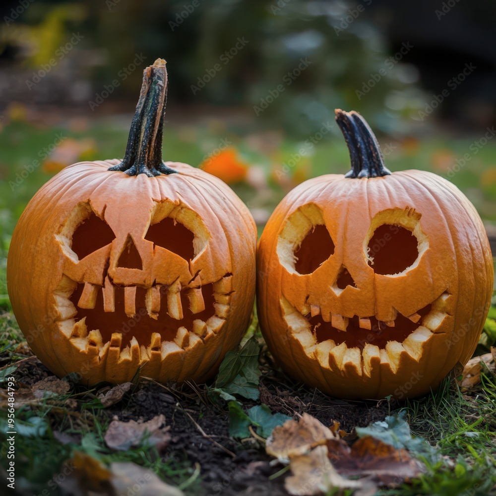 Wall mural Carved Halloween pumpkins with spooky faces on a fall evening