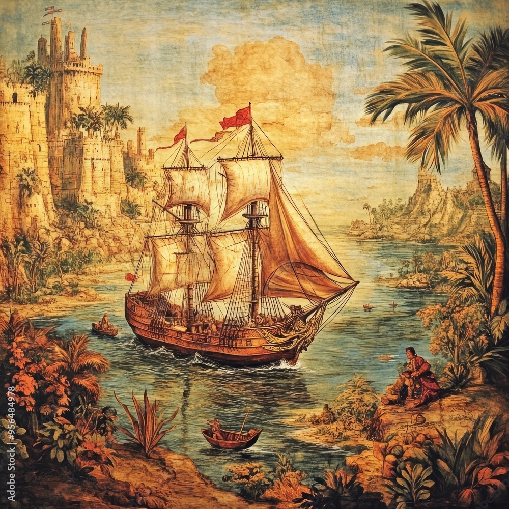 Canvas Prints A vintage painting depicting a sailing ship in a tropical bay, with a castle on a hill in the background and palm trees on the shore.