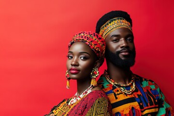 Couple in traditional African attire on red backdrop