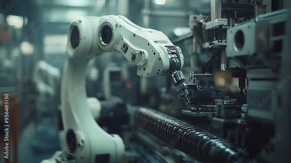 Poster MLP Mechanized industry robot and robotic arms for assembly in factory production Concept of artificial intelligence for industrial revolution and automation manufacturing process : Generative AI