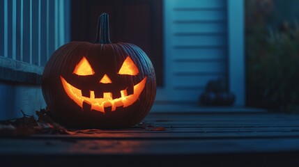 Obraz premium Halloween Carved Pumpkin on the Porch. AI generated illustration