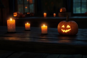 Halloween Pumpkin Candles Lit on a Wooden Table. AI generated illustration