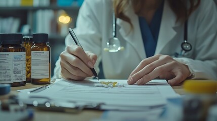 Obraz premium Doctor and patient sitting at the desk in clinic office The focus is on female physicians hands filling up the medication history record form close up Medicine concept : Generative AI