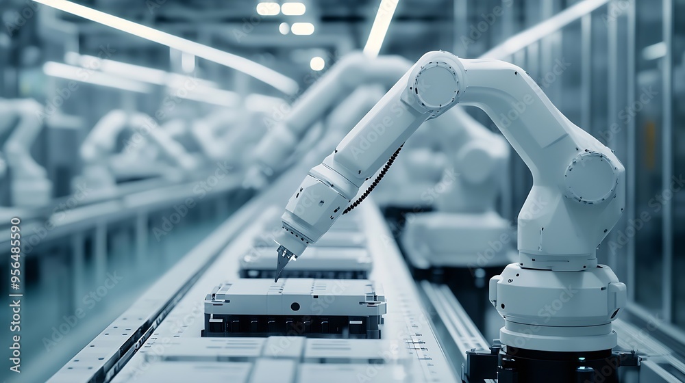 Aufkleber row of white robotic arms at modern factory lithiumion ev battery pack production at automated assem